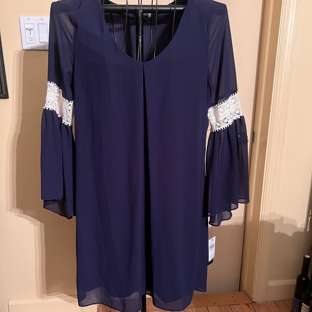 BCX NWT Dress Navy blue bell 3/4 sleeve with crochet detail